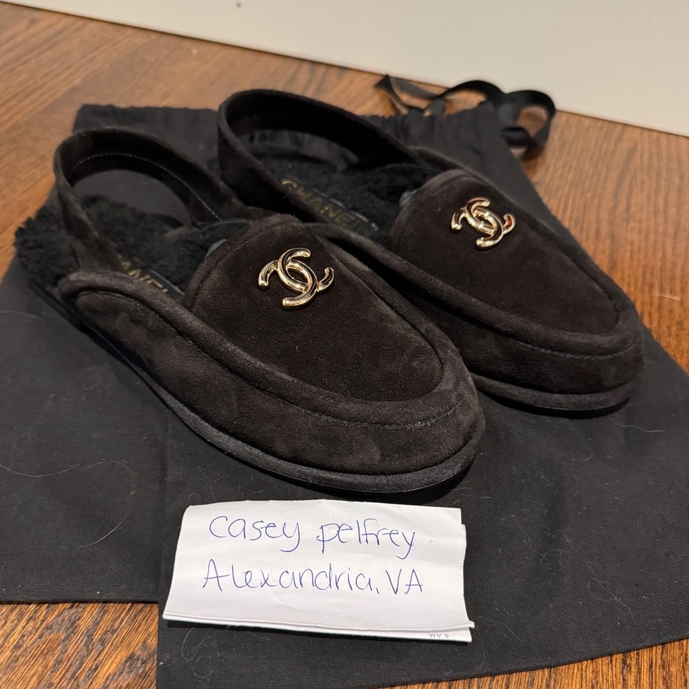 Chanel 25A Suede Sherpa Black Slingback Loafers 37.5